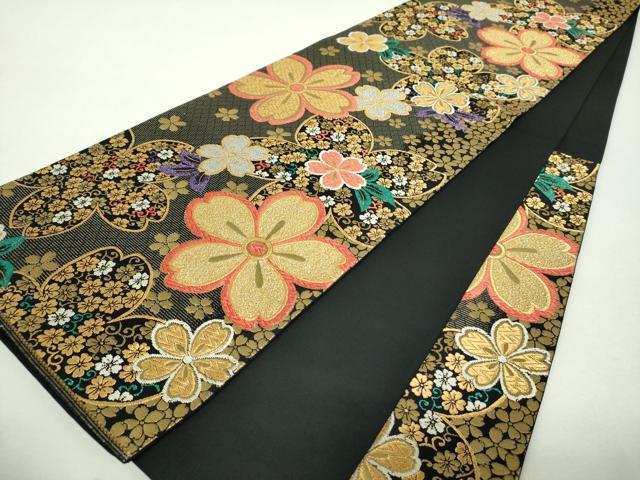 平和屋着物▼六通柄袋帯　舞桜　黒地　金銀糸　正絹　逸品　DABH9579ps