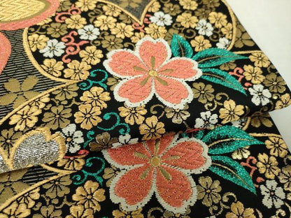 平和屋着物▼六通柄袋帯　舞桜　黒地　金銀糸　正絹　逸品　DABH9579ps