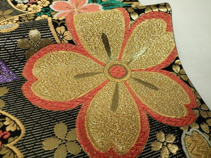 平和屋着物▼六通柄袋帯　舞桜　黒地　金銀糸　正絹　逸品　DABH9579ps