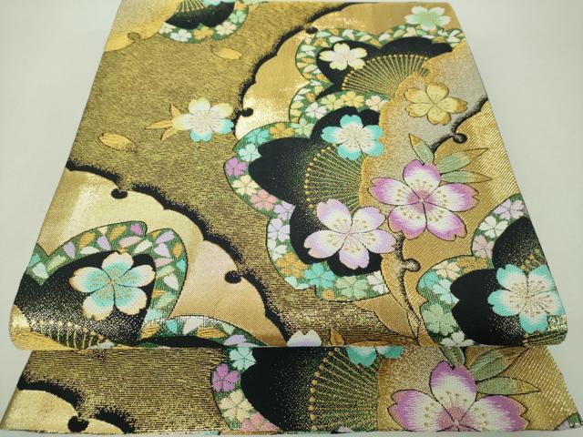 平和屋着物▼両面　全通柄袋帯　雪輪舞桜　黒地　金糸　正絹　逸品　DABH9584ps