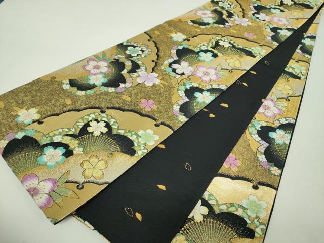 平和屋着物▼両面　全通柄袋帯　雪輪舞桜　黒地　金糸　正絹　逸品　DABH9584ps