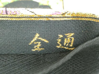平和屋着物▼両面　全通柄袋帯　雪輪舞桜　黒地　金糸　正絹　逸品　DABH9584ps