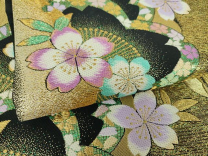 平和屋着物▼両面　全通柄袋帯　雪輪舞桜　黒地　金糸　正絹　逸品　DABH9584ps