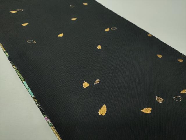 平和屋着物▼両面　全通柄袋帯　雪輪舞桜　黒地　金糸　正絹　逸品　DABH9584ps