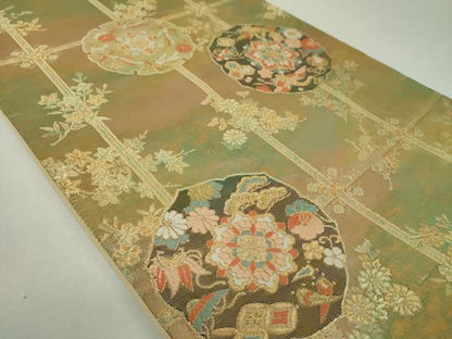 平和屋着物▼六通柄袋帯　宝尽くし　正倉院鳳凰花文　金糸　引箔　正絹　逸品　DABH9585ps
