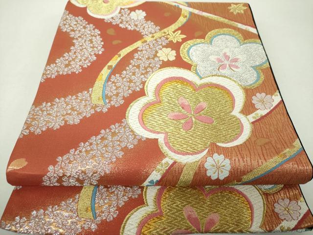 平和屋着物▼六通柄袋帯　舞梅　舞桜　金銀糸　正絹　逸品　DABH9597ps
