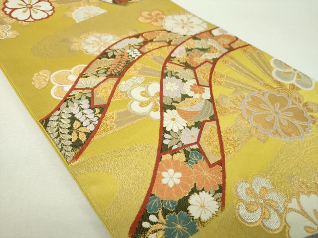 平和屋着物▼六通柄袋帯　唐織　舞蝶片輪車花文　金銀糸　正絹　逸品　DABH9598ps