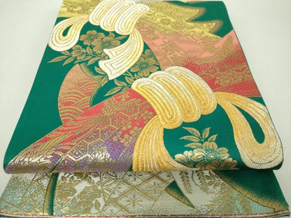 平和屋着物▼六通柄袋帯　束ね熨斗鳳凰花文　金糸　正絹　逸品　DABH9602ps