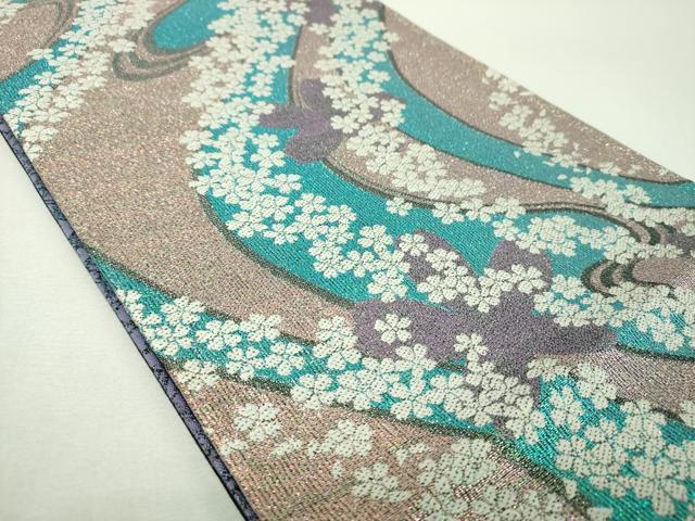 平和屋着物▼六通柄袋帯　流水桜　ラメ糸　正絹　逸品　DABH9606ps