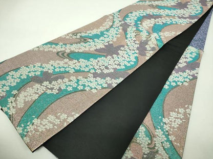 平和屋着物▼六通柄袋帯　流水桜　ラメ糸　正絹　逸品　DABH9606ps