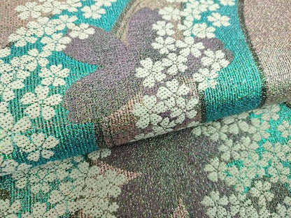 平和屋着物▼六通柄袋帯　流水桜　ラメ糸　正絹　逸品　DABH9606ps