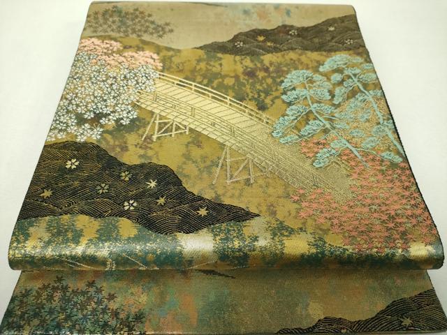 平和屋着物▼西陣　服部織物謹製　六通柄袋帯　こはく錦　手工芸　渡橋風景花文　金糸　引箔　正絹　逸品　DABH9622ps