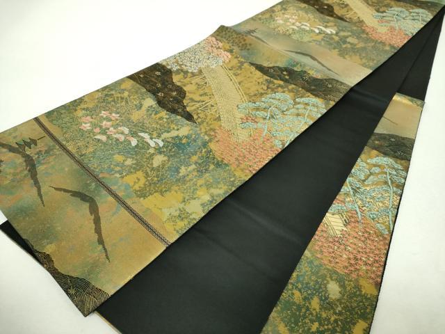 平和屋着物▼西陣　服部織物謹製　六通柄袋帯　こはく錦　手工芸　渡橋風景花文　金糸　引箔　正絹　逸品　DABH9622ps
