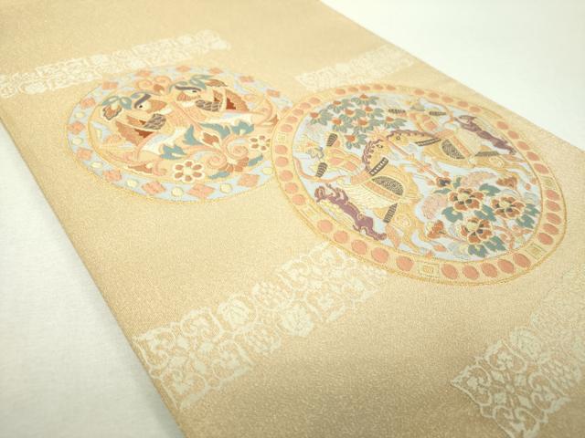 平和屋着物▼太鼓柄袋帯　狩猟連珠　向かい鳥花文　金糸　正絹　逸品　DABH9624ps