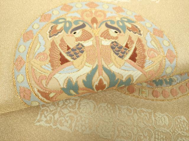平和屋着物▼太鼓柄袋帯　狩猟連珠　向かい鳥花文　金糸　正絹　逸品　DABH9624ps