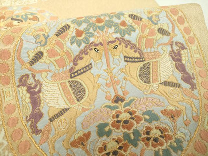 平和屋着物▼太鼓柄袋帯　狩猟連珠　向かい鳥花文　金糸　正絹　逸品　DABH9624ps