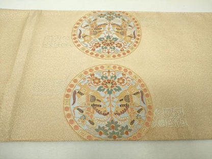 平和屋着物▼太鼓柄袋帯　狩猟連珠　向かい鳥花文　金糸　正絹　逸品　DABH9624ps