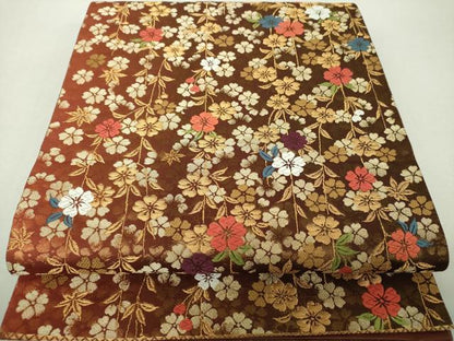 平和屋着物▼六通柄袋帯　枝垂れ桜　金糸　正絹　逸品　未使用　DABH9638ps