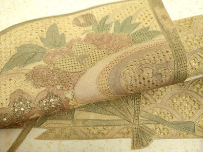 平和屋着物▼中国三大刺繍　スワトウ相良刺繍　汕頭相良刺繍　総刺繍　太鼓柄袋帯　絽刺し　扇面花文　金彩　正絹　逸品　DABH9641ps