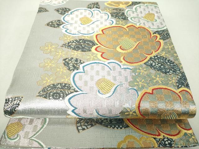 平和屋着物▼六通柄袋帯　彩苑椿　金銀糸　正絹　逸品　DABH9655ps