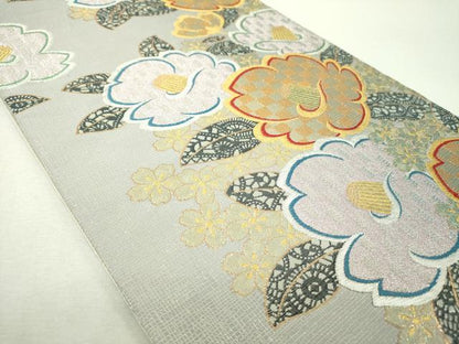 平和屋着物▼六通柄袋帯　彩苑椿　金銀糸　正絹　逸品　DABH9655ps