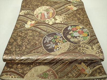 平和屋着物▼六通柄袋帯　立波舞蝶花丸文　金銀糸　正絹　逸品　DABH9663ps