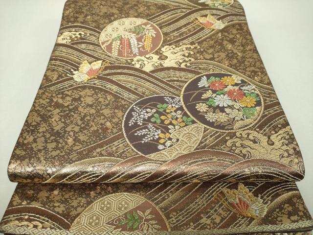 平和屋着物▼六通柄袋帯　立波舞蝶花丸文　金銀糸　正絹　逸品　DABH9663ps