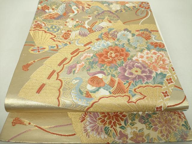 平和屋着物▼六通柄袋帯　唐織　扇面重ね山水紋　金糸　正絹　逸品　DABH9667ps
