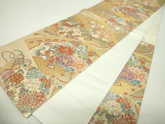 平和屋着物▼六通柄袋帯　唐織　扇面重ね山水紋　金糸　正絹　逸品　DABH9667ps