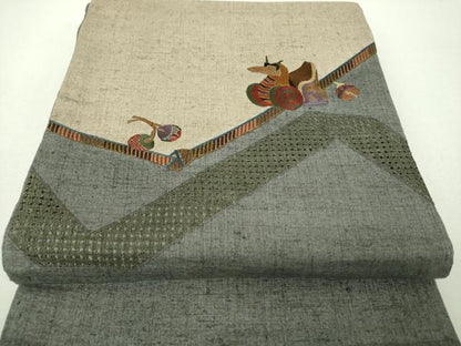 平和屋着物●中国三大刺繍　スワトウ刺繍　汕頭刺繍　総刺繍　太鼓柄袋帯　紬地　玩具文様　正絹　逸品　DABH9673ps