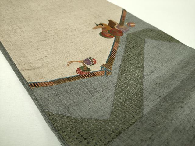 平和屋着物●中国三大刺繍　スワトウ刺繍　汕頭刺繍　総刺繍　太鼓柄袋帯　紬地　玩具文様　正絹　逸品　DABH9673ps