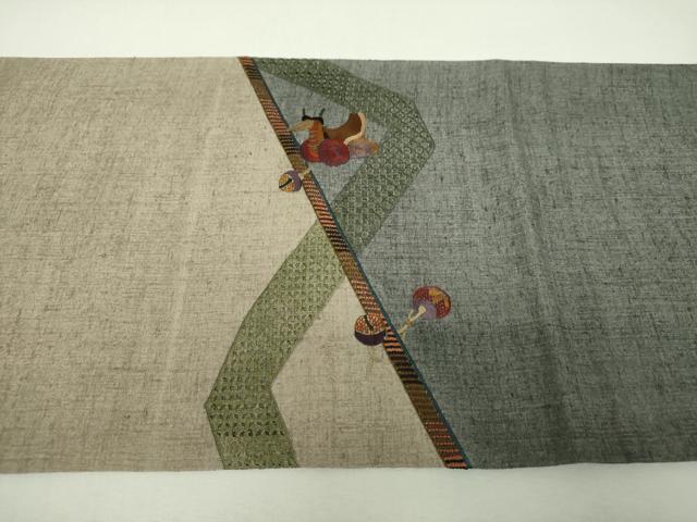平和屋着物●中国三大刺繍　スワトウ刺繍　汕頭刺繍　総刺繍　太鼓柄袋帯　紬地　玩具文様　正絹　逸品　DABH9673ps