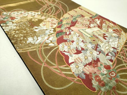 平和屋着物▼太鼓柄袋帯　駒刺繍　総刺繍　檜扇御所車花文　金銀糸　引箔　正絹　逸品　DABH9681ps