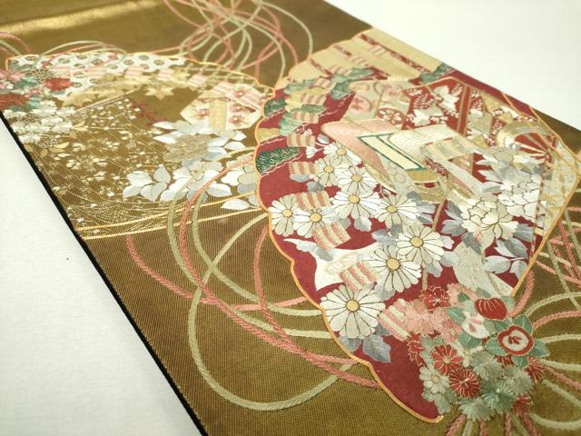 平和屋着物▼太鼓柄袋帯　駒刺繍　総刺繍　檜扇御所車花文　金銀糸　引箔　正絹　逸品　DABH9681ps