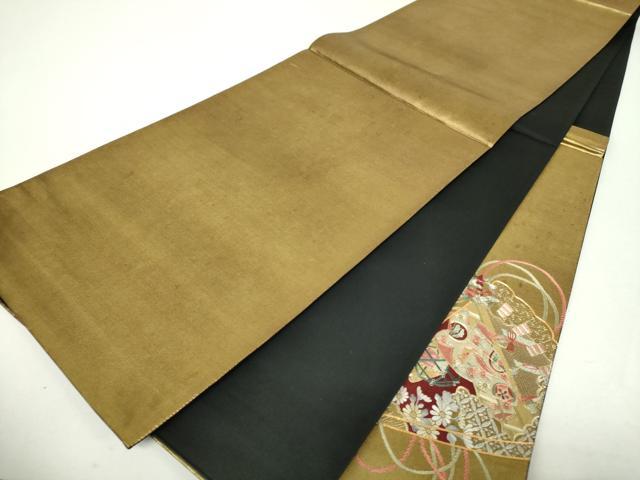 平和屋着物▼太鼓柄袋帯　駒刺繍　総刺繍　檜扇御所車花文　金銀糸　引箔　正絹　逸品　DABH9681ps