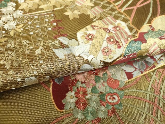 平和屋着物▼太鼓柄袋帯　駒刺繍　総刺繍　檜扇御所車花文　金銀糸　引箔　正絹　逸品　DABH9681ps