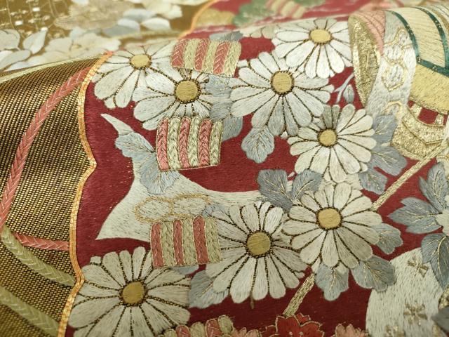 平和屋着物▼太鼓柄袋帯　駒刺繍　総刺繍　檜扇御所車花文　金銀糸　引箔　正絹　逸品　DABH9681ps
