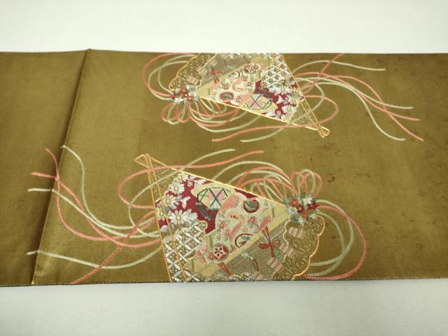 平和屋着物▼太鼓柄袋帯　駒刺繍　総刺繍　檜扇御所車花文　金銀糸　引箔　正絹　逸品　DABH9681ps