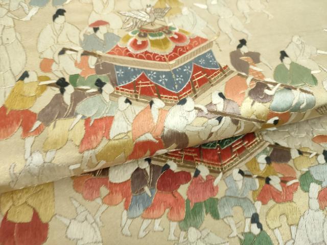平和屋着物▼太鼓柄袋帯　総刺繍　御神輿　祭　金銀糸　正絹　逸品　未使用　DABH9682ps