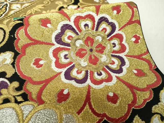 平和屋着物▼六通柄袋帯　吉祥花文　黒地　金銀糸　正絹　逸品　DABH9695ps