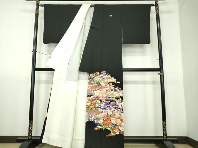 平和屋着物●豪華黒留袖　友禅　作家物　風景花文　正絹　逸品　DABH9737ps