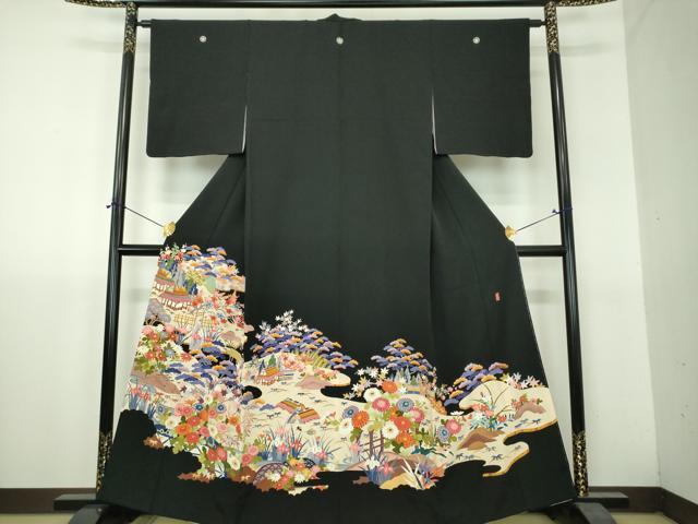 平和屋着物●豪華黒留袖　友禅　作家物　風景花文　正絹　逸品　DABH9737ps