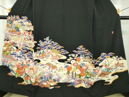 平和屋着物●豪華黒留袖　友禅　作家物　風景花文　正絹　逸品　DABH9737ps