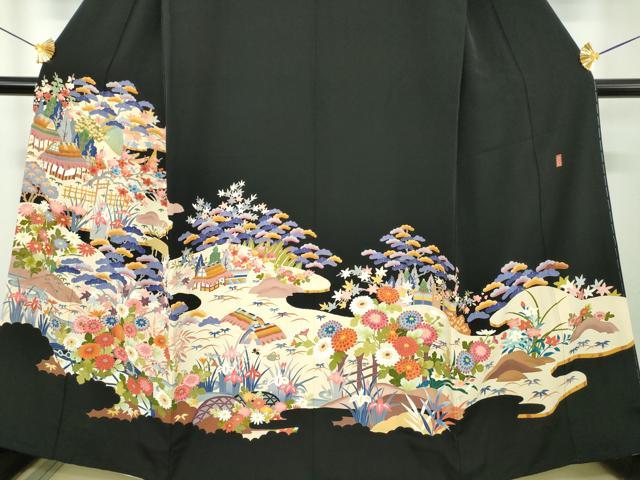 平和屋着物●豪華黒留袖　友禅　作家物　風景花文　正絹　逸品　DABH9737ps