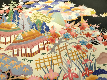 平和屋着物●豪華黒留袖　友禅　作家物　風景花文　正絹　逸品　DABH9737ps