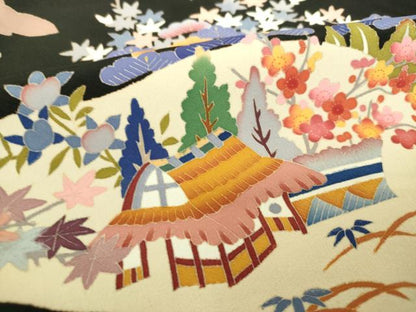 平和屋着物●豪華黒留袖　友禅　作家物　風景花文　正絹　逸品　DABH9737ps