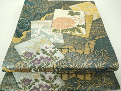 平和屋着物▼六通柄袋帯　色紙重ね花文　金糸　正絹　逸品　DABH9764ps
