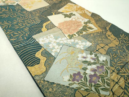 平和屋着物▼六通柄袋帯　色紙重ね花文　金糸　正絹　逸品　DABH9764ps