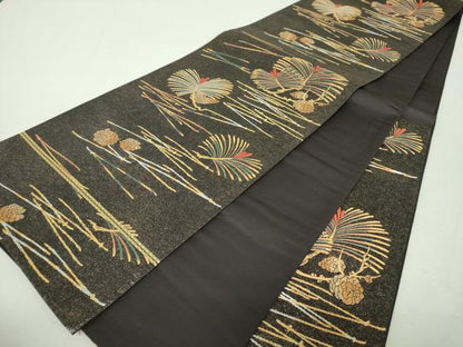 平和屋着物▼六通柄袋帯　唐織　本うるし箔金　若松葉　金銀糸　正絹　逸品　DABH9780ps