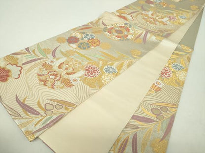 平和屋着物▼六通柄袋帯　舞蝶文　向かい鳥花文　金銀糸　正絹　逸品　DABH9783ps